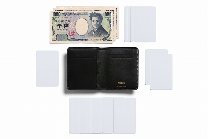 Bellroy Note Sleeve Wallet Designer Edition Blackを開いた画像と紙幣・カードの収納サンプル