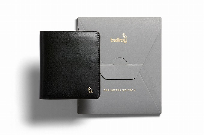 Bellroy Note Sleeve Wallet Designer Edition Blackの正面画像とベルロイオリジナルパッケージ